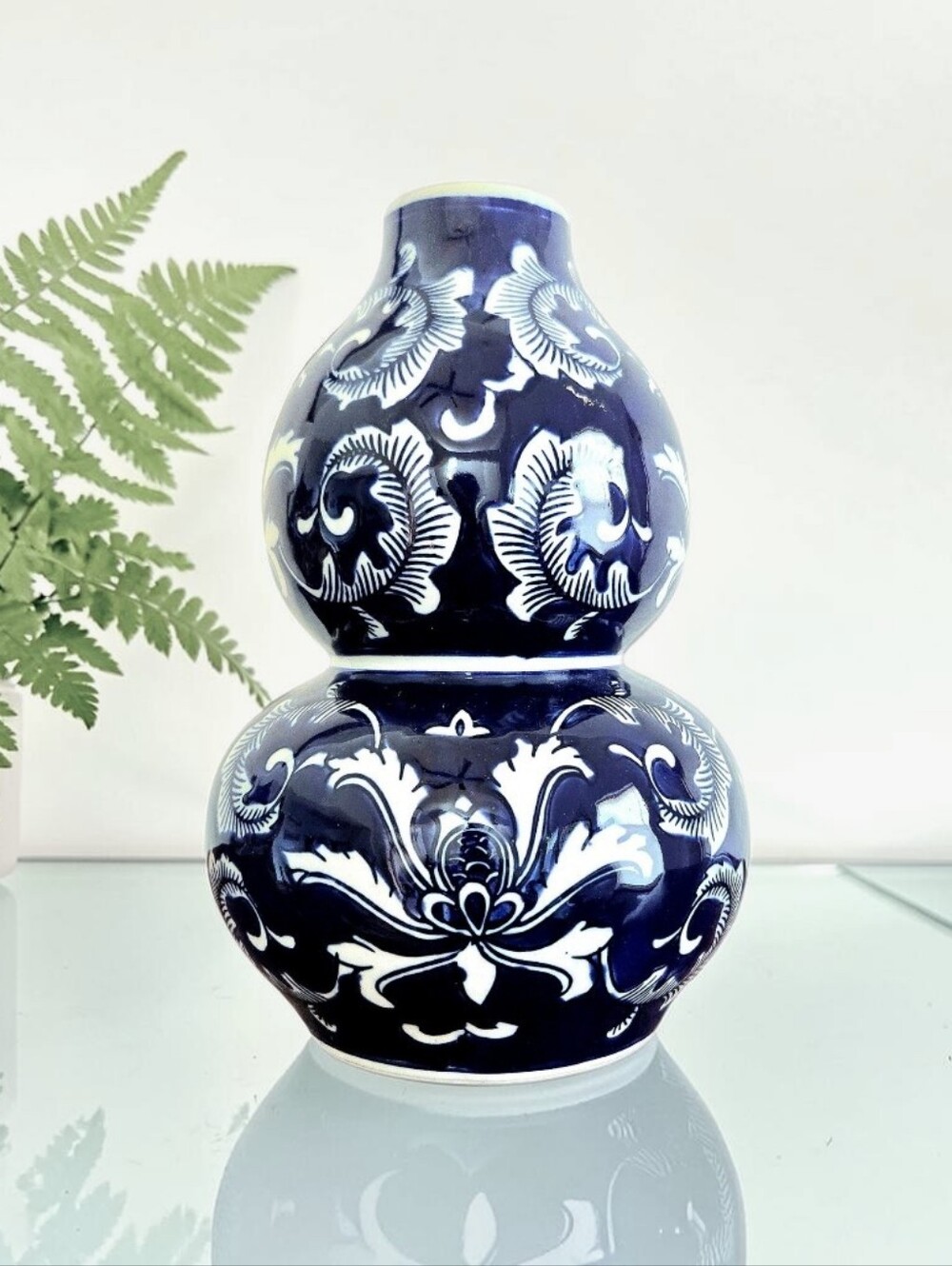 Crisp Blue & White Double Gourd Porcelain Vase  Floral Leaf Contemporary Remake